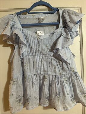 Divided Light Blue Floral Ruffle Peplum Top